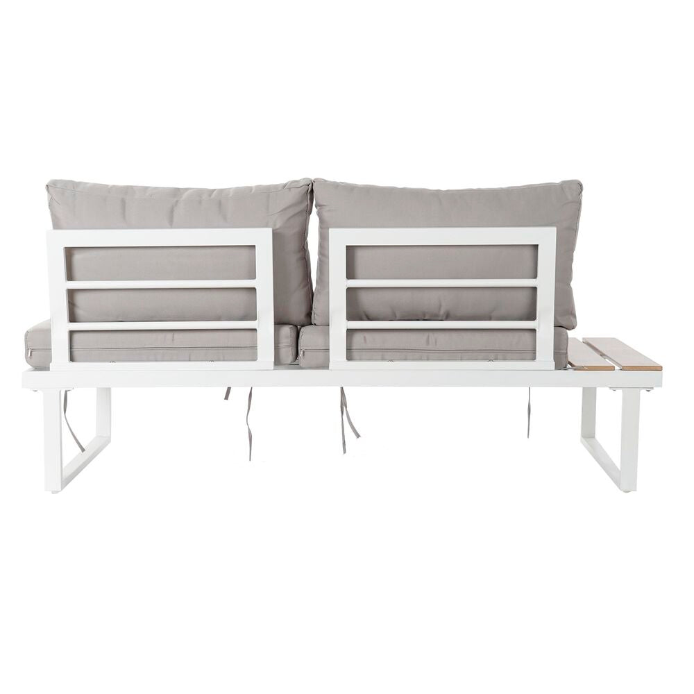 Salon de jardin 4 pièces : banquette avec dossiers blancs, coussins gris et table basse bois.