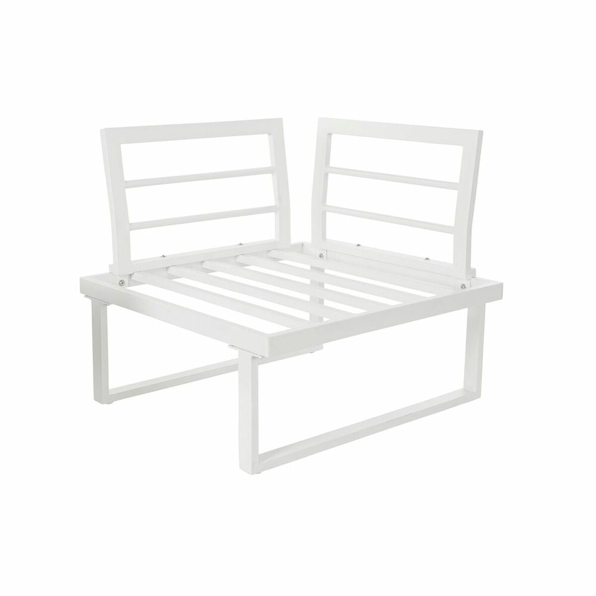 Salon de jardin : cadre blanc, assise à lattes et dossiers rectangulaires rembourrés gris.