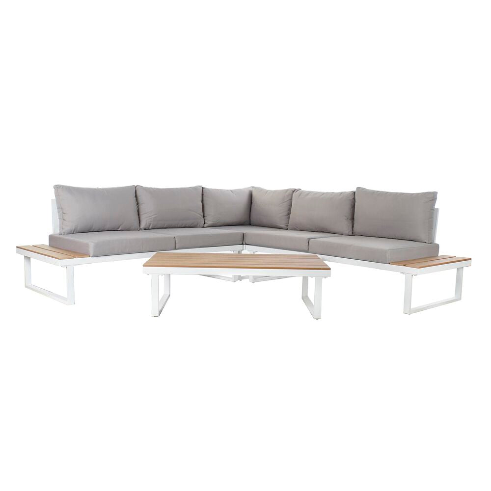 Salon de jardin 4 pièces : coussins gris, cadre acier blanc et table basse rectangulaire.