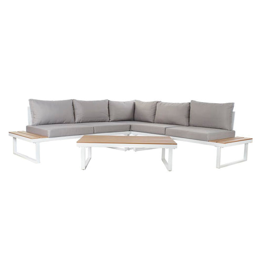 Salon de jardin 4 pièces : coussins gris, cadre acier blanc et table basse rectangulaire.