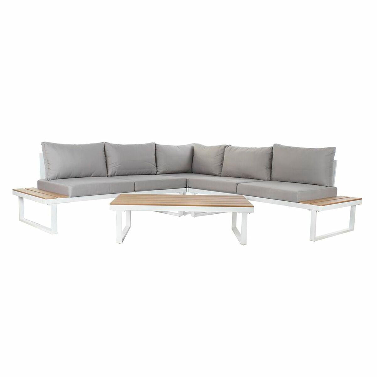 Salon de jardin 4 pièces : banquette d’angle avec coussins gris et table basse blanche.