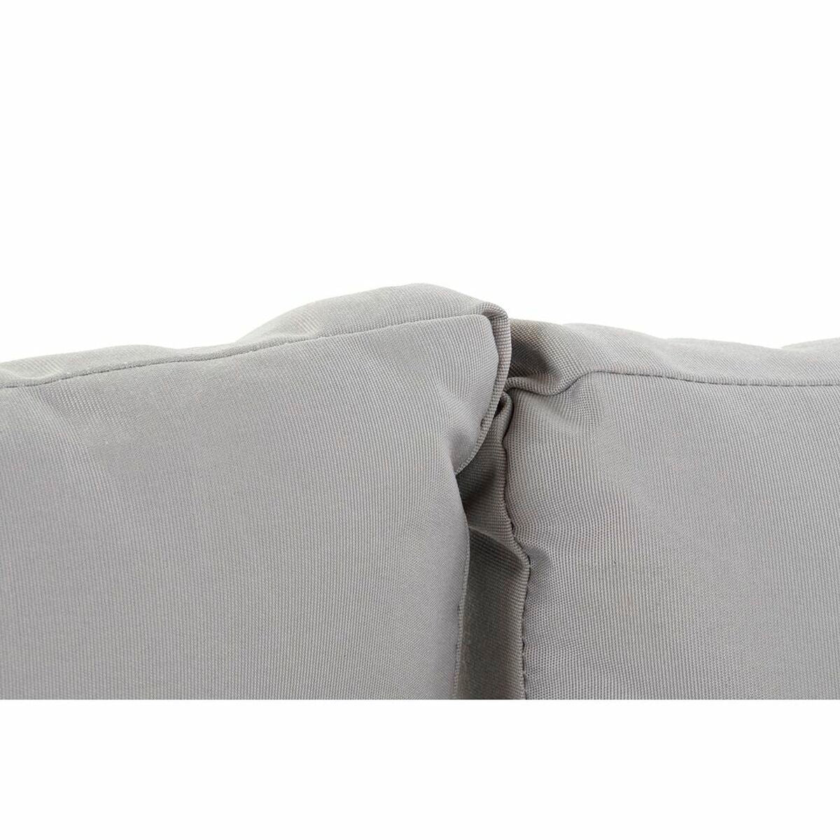 Banquette de salon de jardin avec accoudoir gris et coussins texturés, bordure sombre.