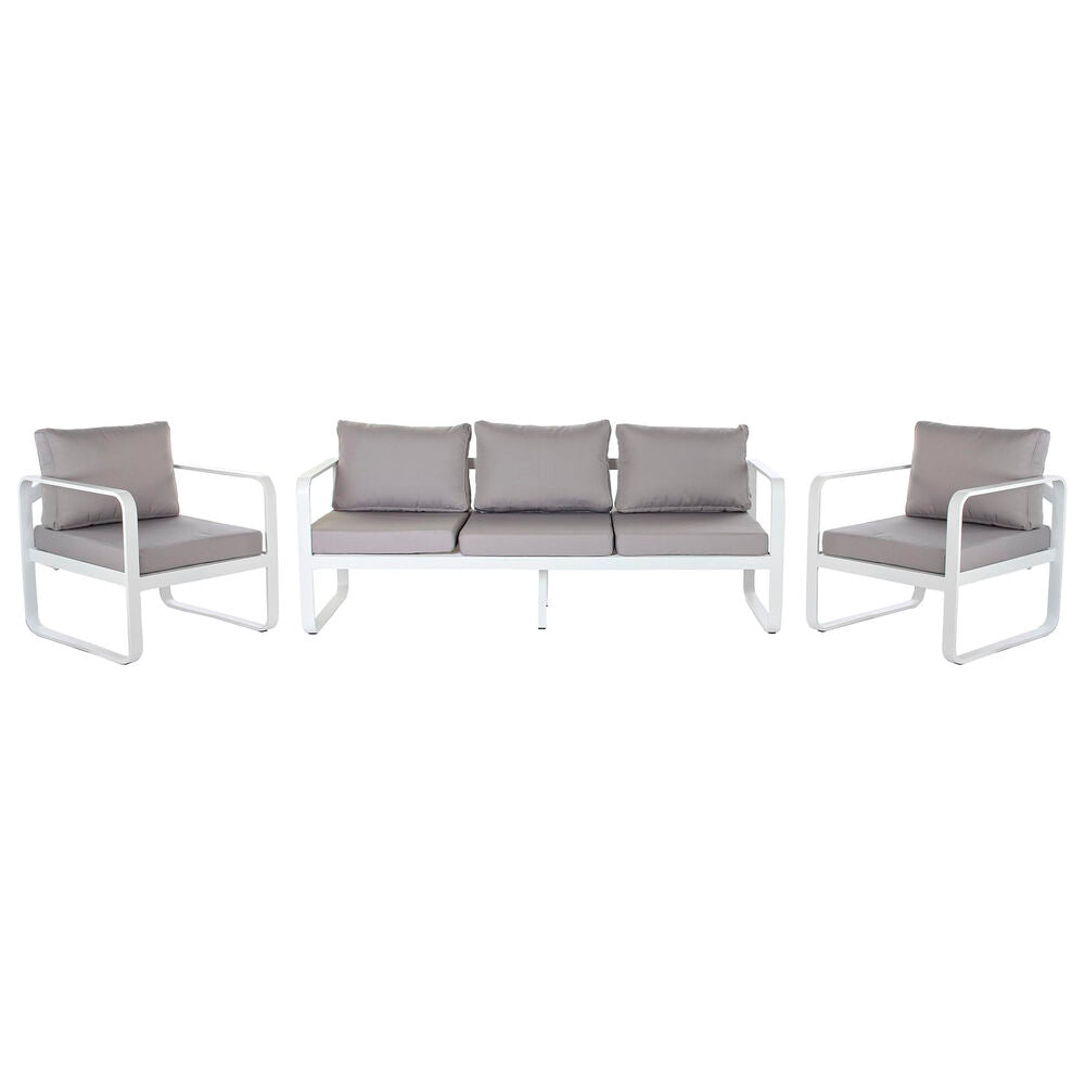 Banquette de jardin et deux fauteuils assortis, coussins gris, cadre blanc rectangulaire