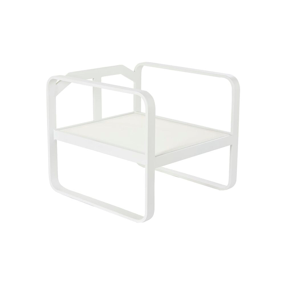 Fauteuil de jardin aluminium blanc, coussin gris clair, accoudoirs arrondis