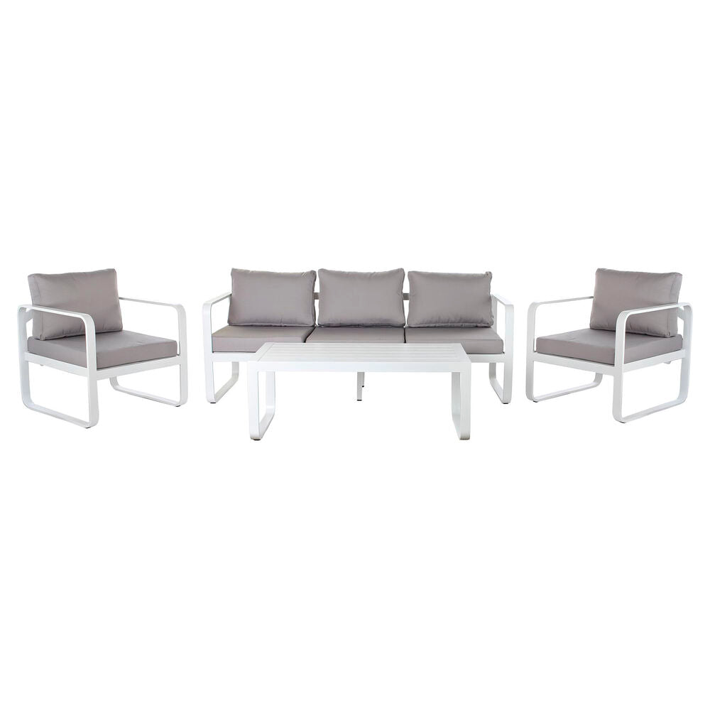 Ensemble canapé de jardin : banquette et deux fauteuils, coussins gris, structure blanche