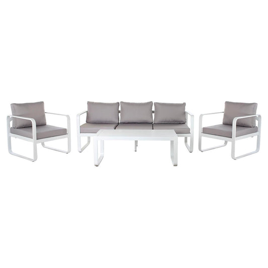Ensemble canapé de jardin : banquette et deux fauteuils, coussins gris, structure blanche