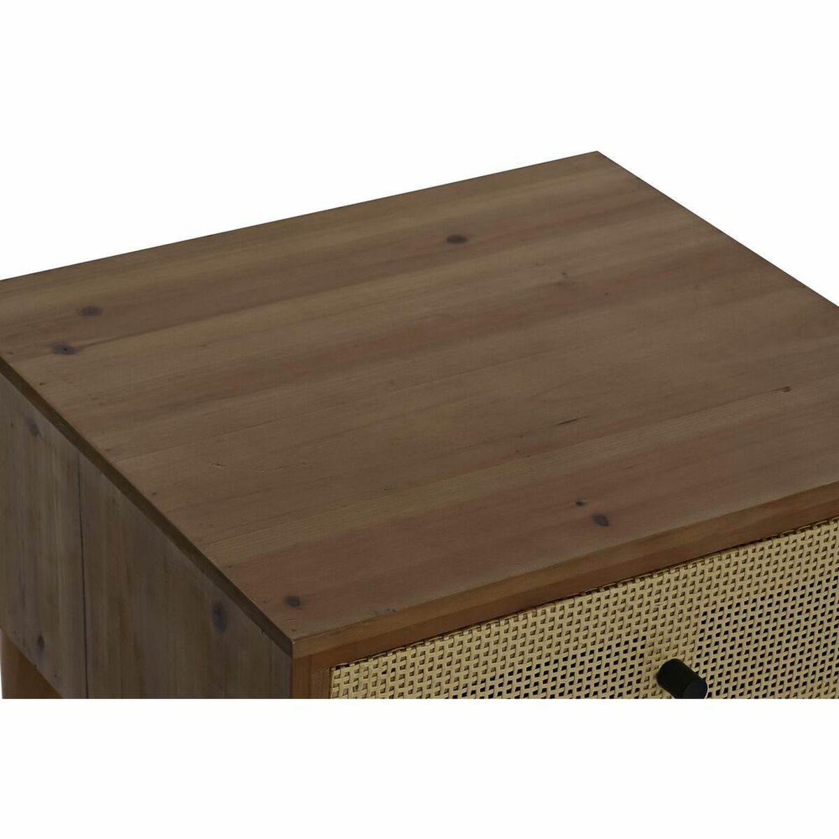 Table de nuit en bois marron : plateau rectangulaire avec nœuds et poignée