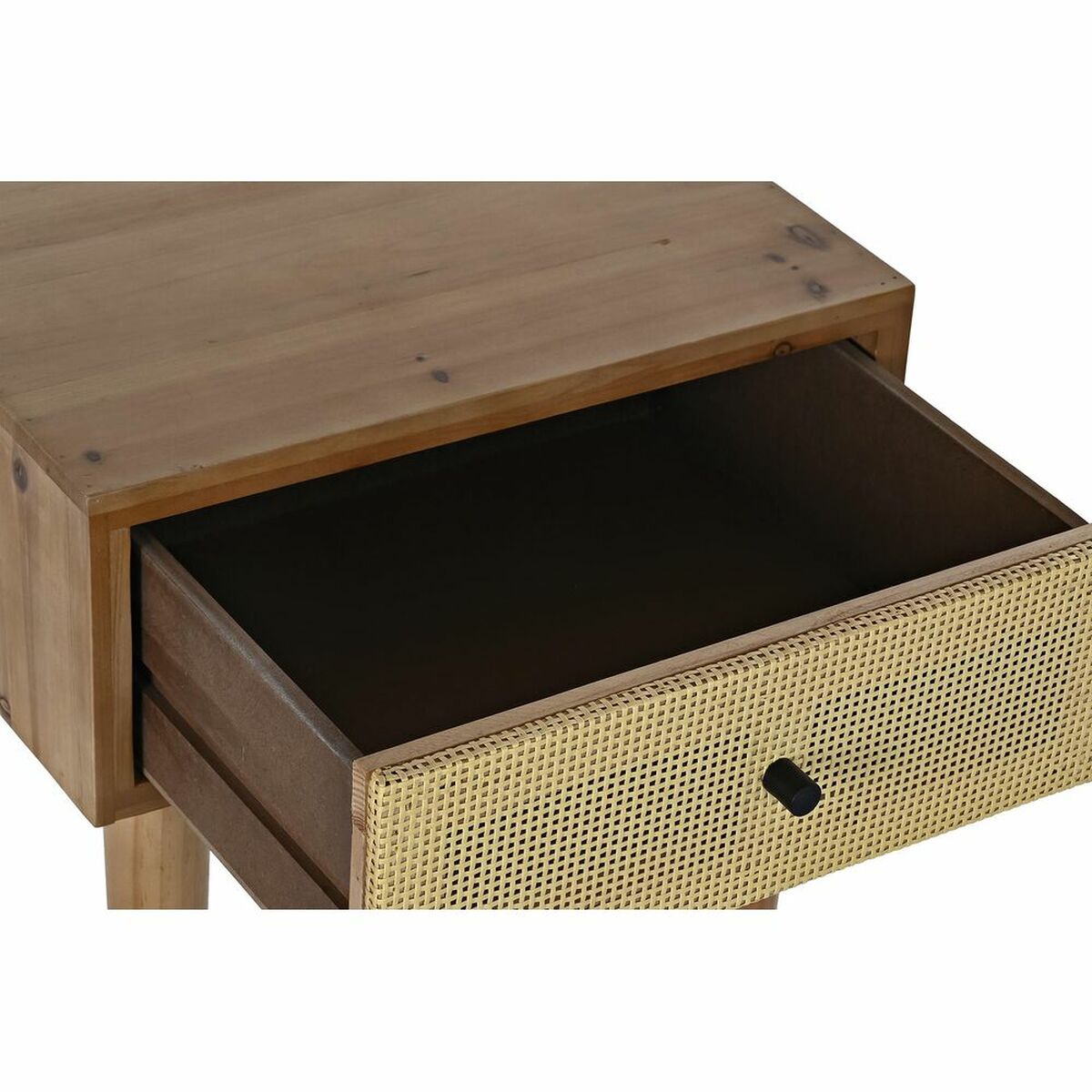 Table de nuit avec tiroir ouvert : façade en rotin tressé naturel, intérieur sombre