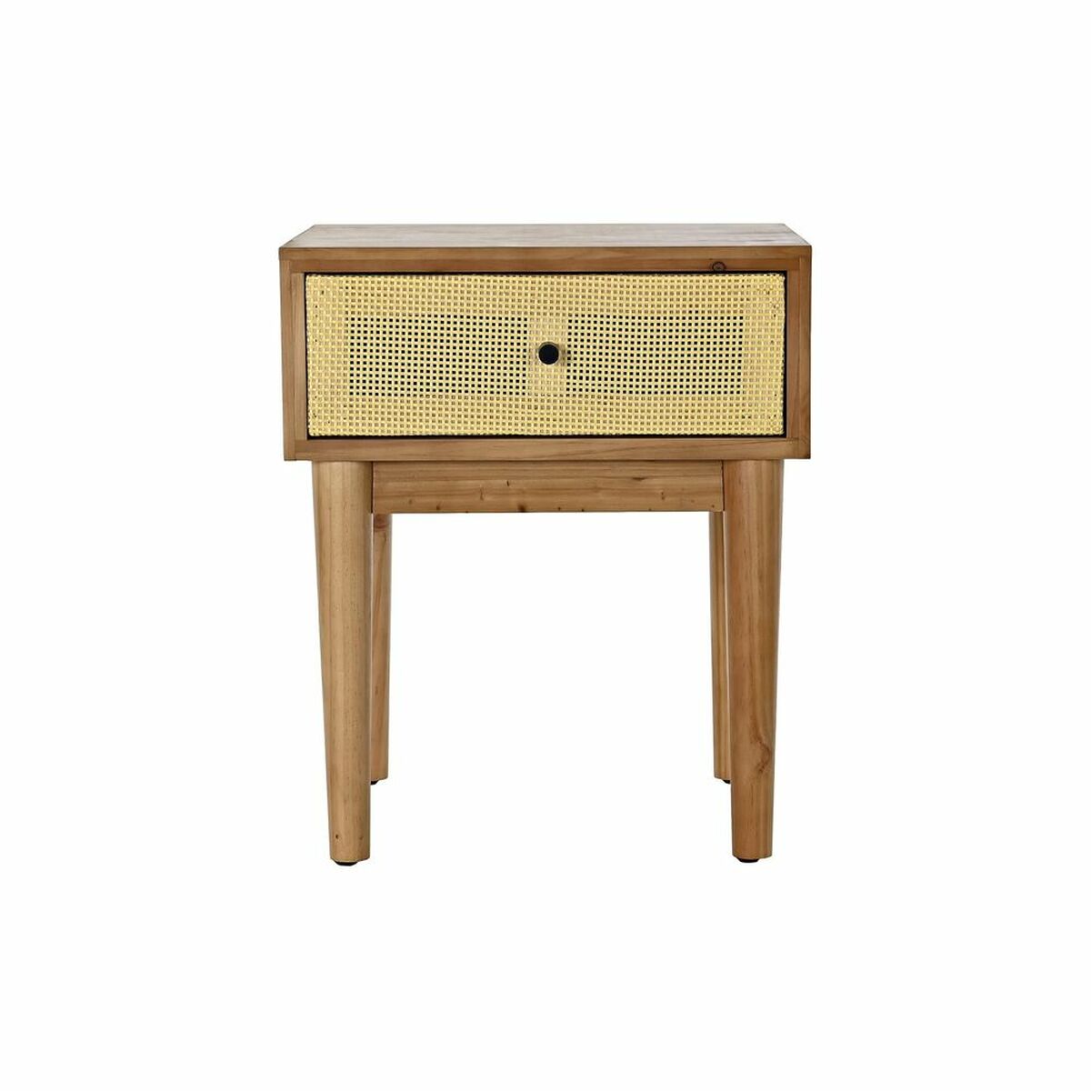 Table de nuit en bois marron avec tiroir en rotin tressé naturel, bouton noir
