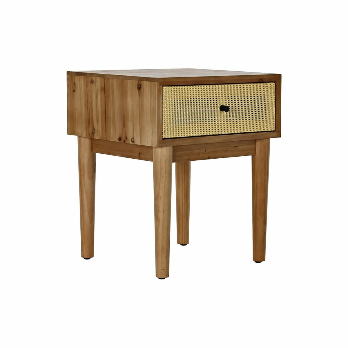 Table de nuit en bois marron, 1 tiroir en rotin tressé naturel, pieds droits