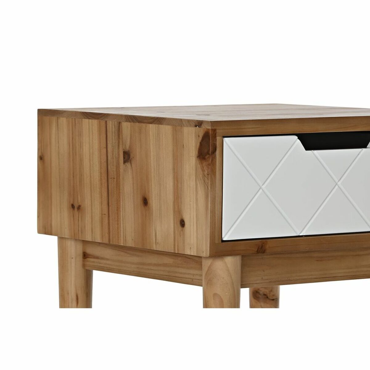 Table de nuit en bois clair, tiroir blanc à motif losanges, flancs rainurés