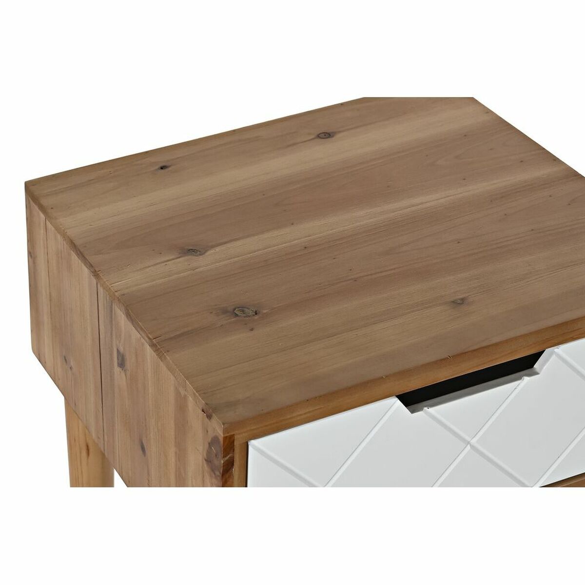 Table de nuit en bois clair, plateau rectangulaire et tiroir blanc à motif losanges