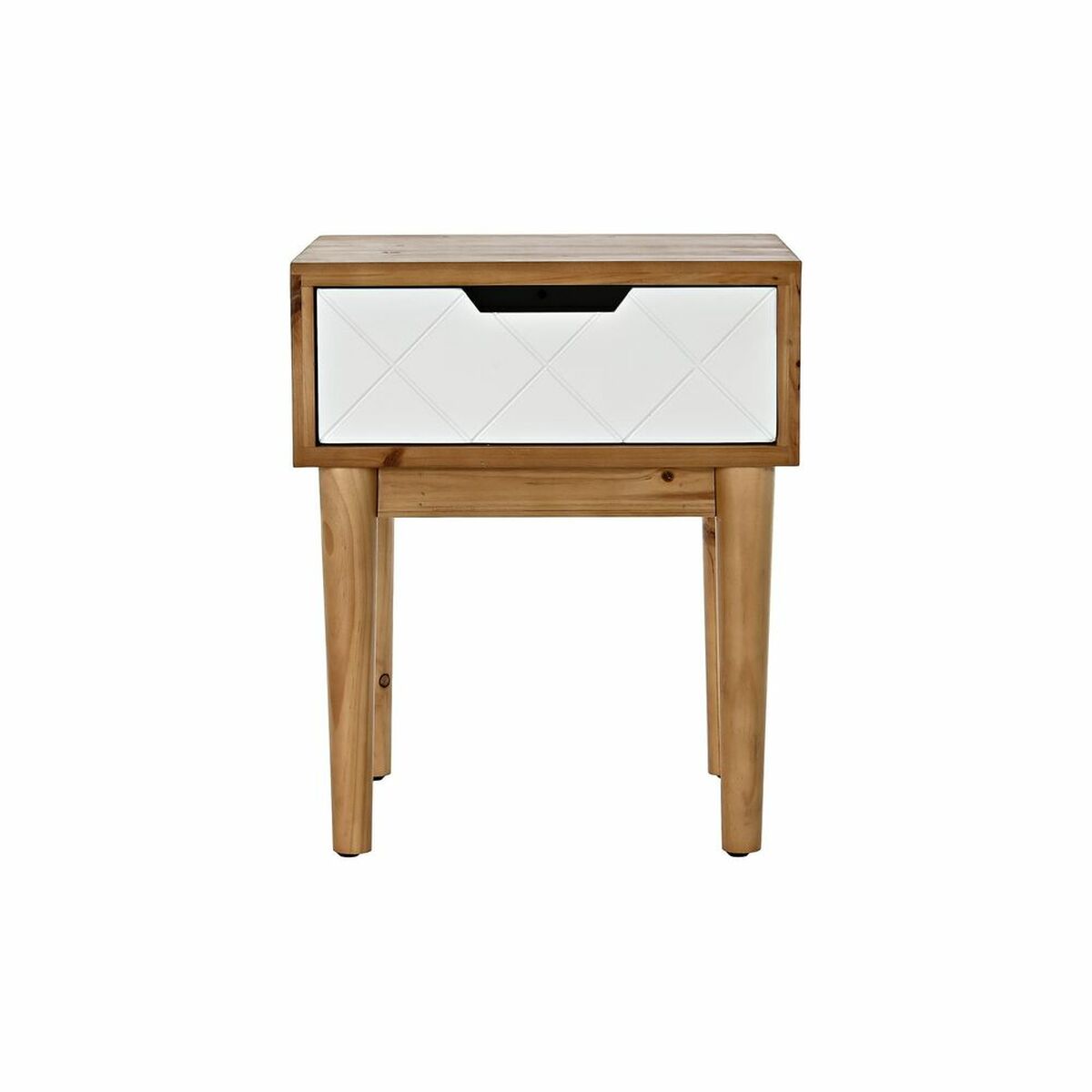 Table de nuit en bois clair, 1 tiroir blanc à motif losanges, piètement à 4 pieds