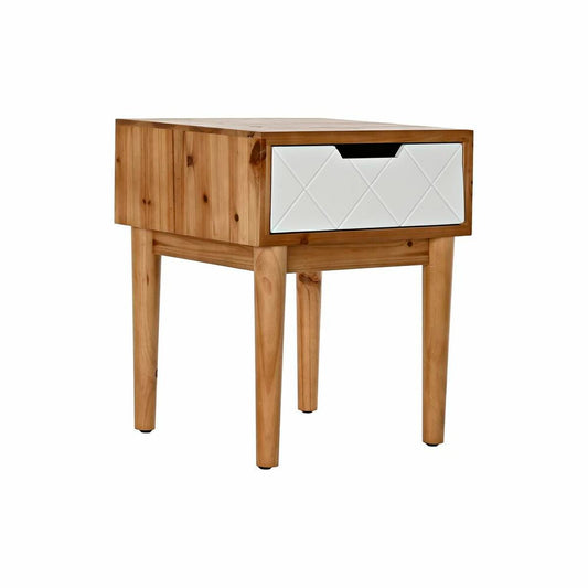 Table de nuit en bois clair, 1 tiroir blanc à motif losanges et poignée noire