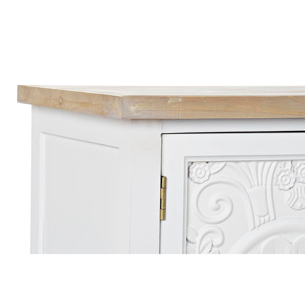 Meuble TV blanc, plateau en bois clair et panneau sculpté sur la porte