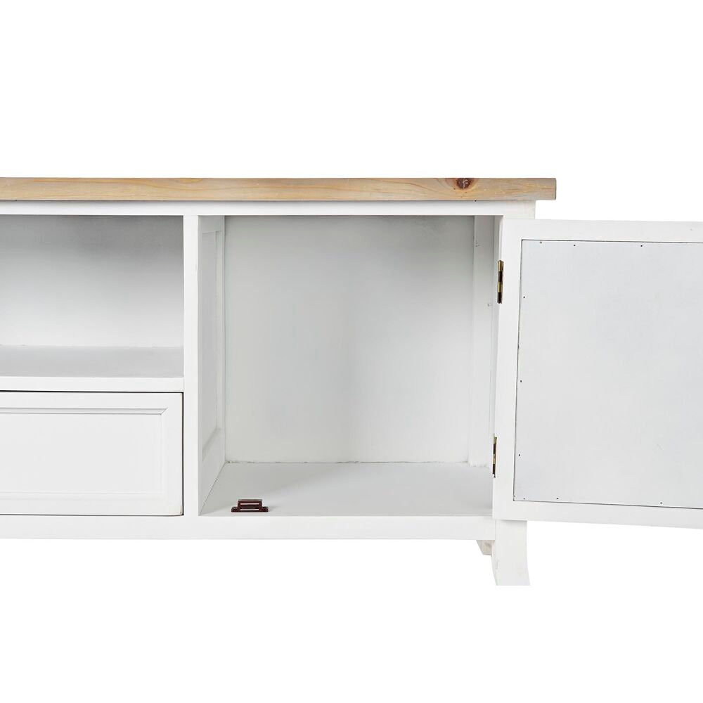 Meuble TV blanc avec panneaux ouverts, niches de rangement visibles