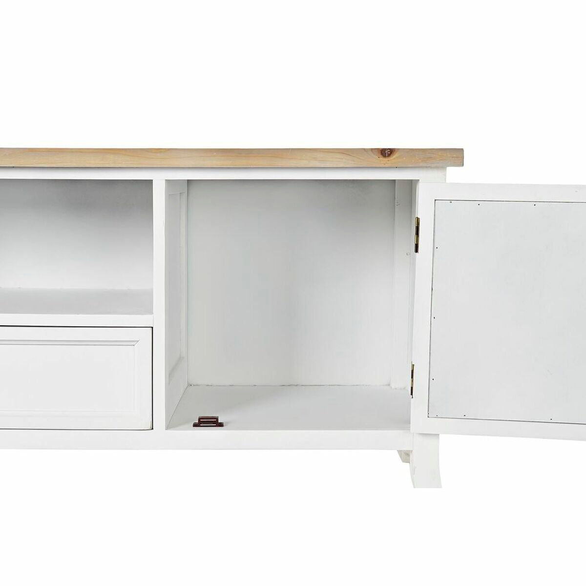 Meuble TV blanc et bois clair, compartiment central ouvert