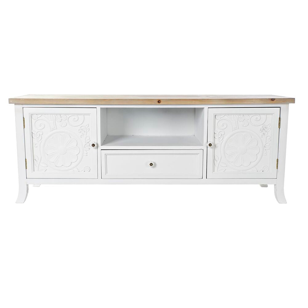 Meuble TV blanc avec plateau en bois clair, 2 portes à motifs et tiroir central