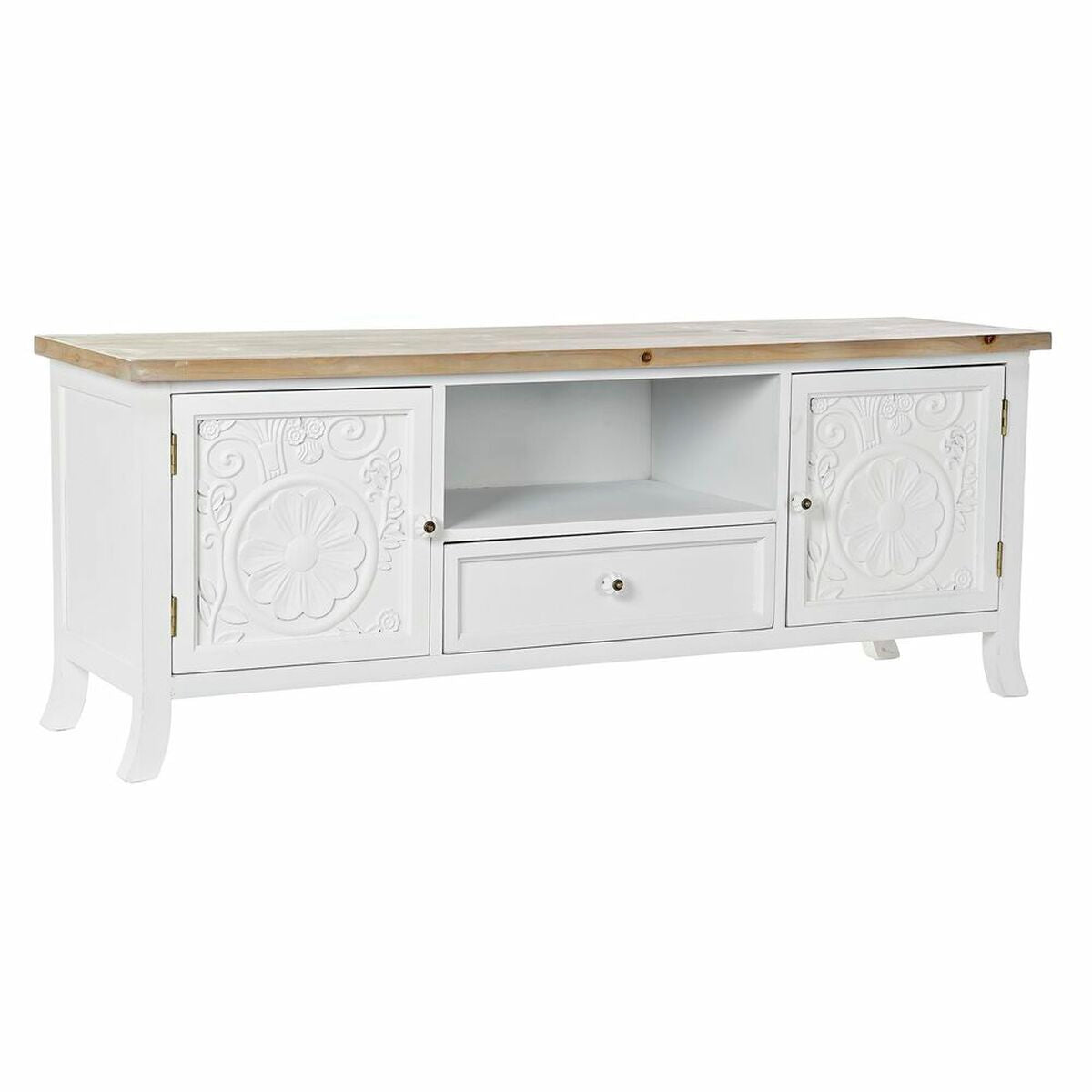 Meuble TV en MDF blanc et plateau bois clair, portes sculptées et tiroir central