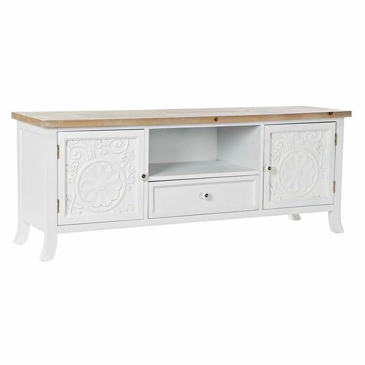 Meuble TV en MDF blanc et plateau bois clair, portes sculptées et tiroir central