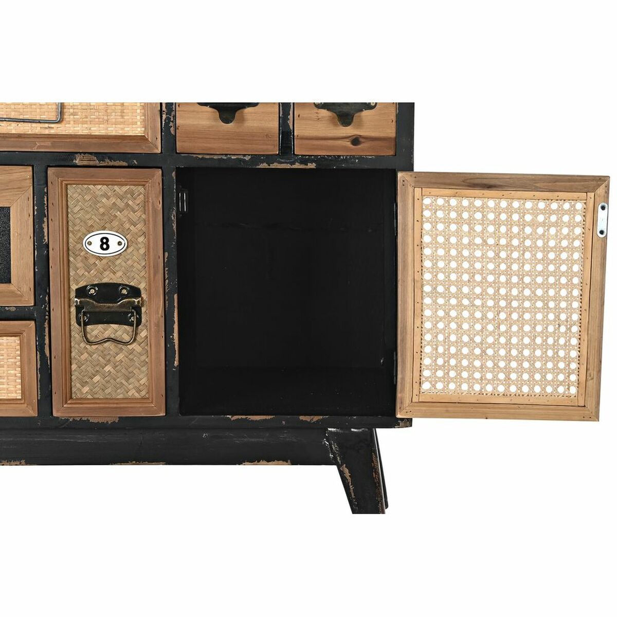 Commode vintage : portes latérales ouvertes, intérieur noir et panneaux en cannage ajouré.