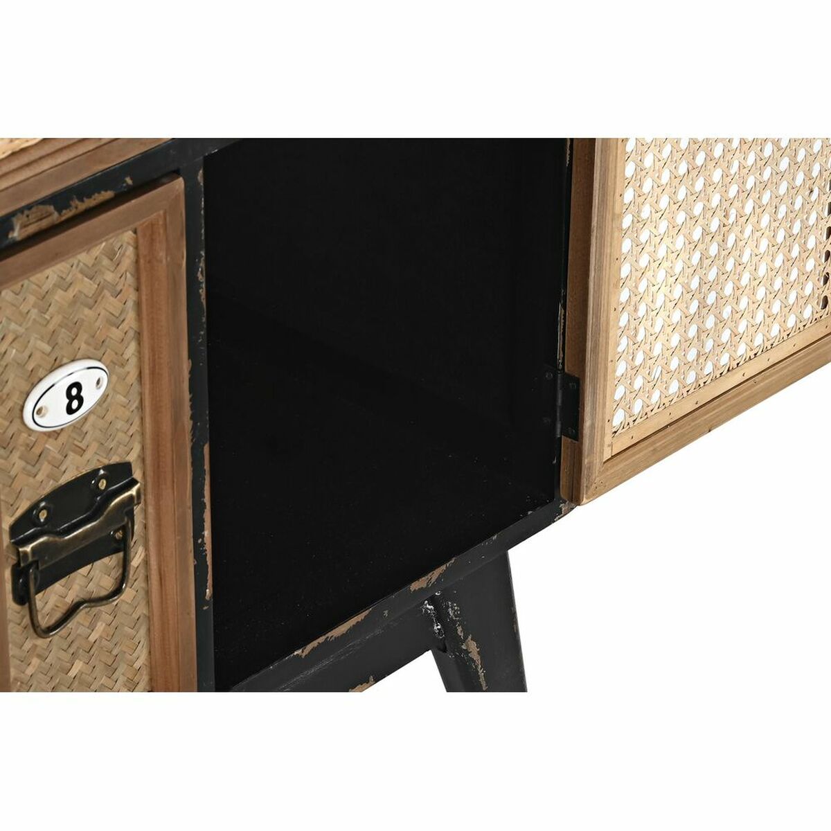 Commode vintage : compartiment intérieur noir et panneaux latéraux en cannage.