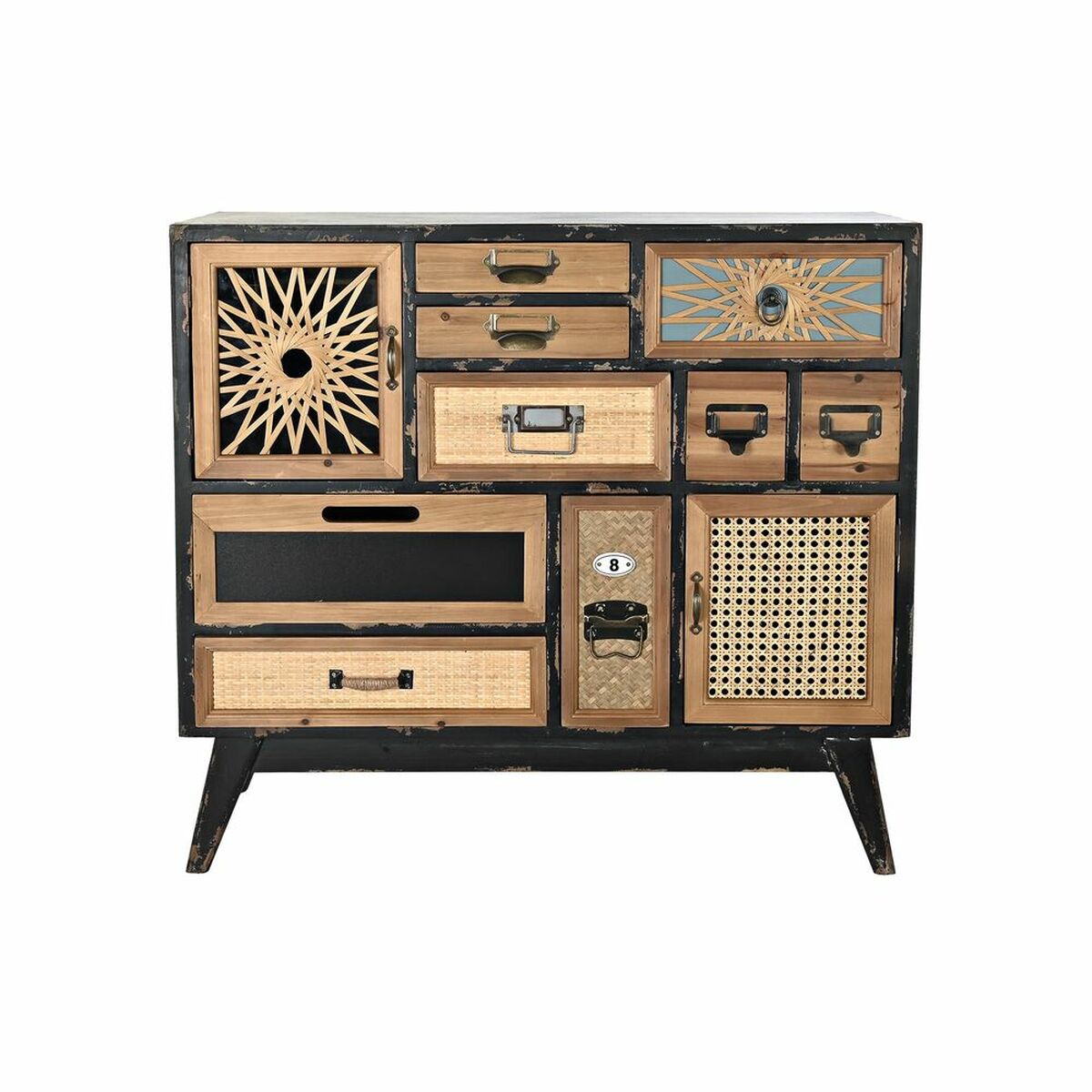 Commode vintage noire : façades en cannage, tiroirs décoratifs et portes ajourées.