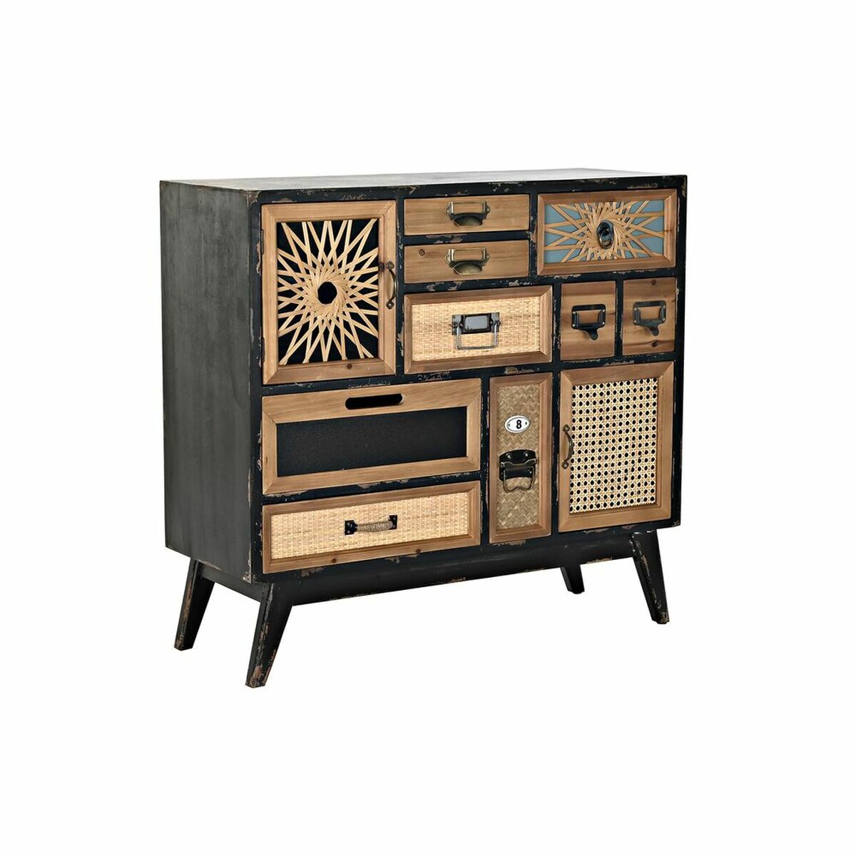 Commode vintage noire et naturel avec 9 tiroirs, portes en cannage et panneaux décoratifs.