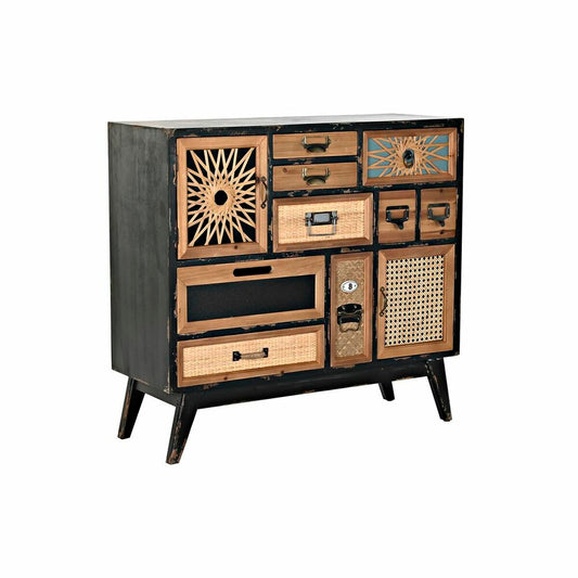 Commode vintage noire et naturel avec 9 tiroirs, portes en cannage et panneaux décoratifs.