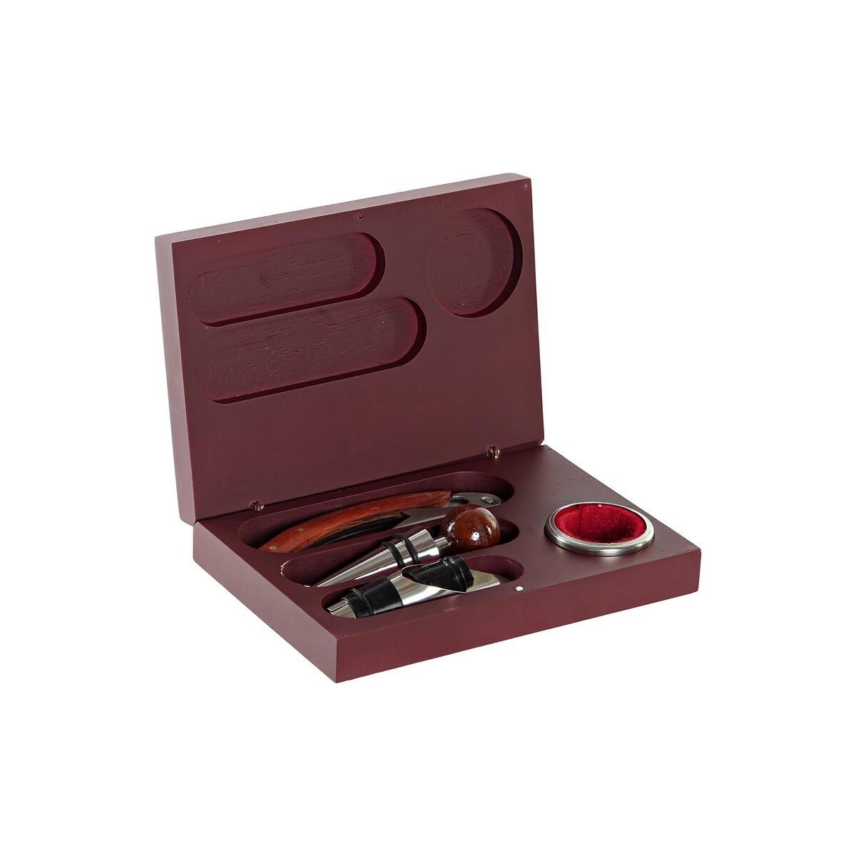Coffret accessoires à vin en bois brun, ouvert avec 4 outils