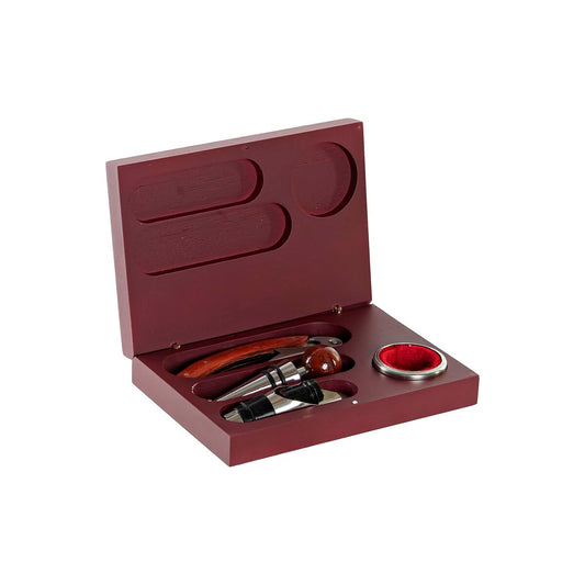 Coffret accessoires à vin en bois brun, ouvert avec 4 outils
