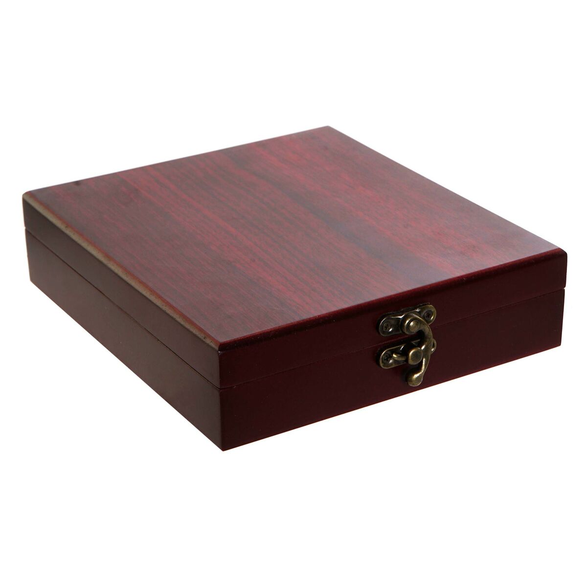 Coffret en bois MDF marron avec serrure, couvercle bordeaux, quincaillerie en métal.