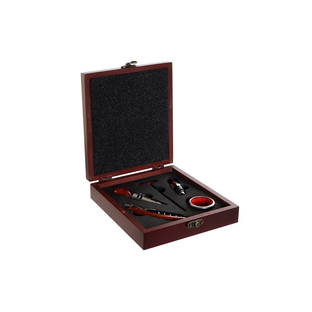 Coffret ouvert avec tapis noir et accessoires vin en inox, rangement en bois bordeaux.