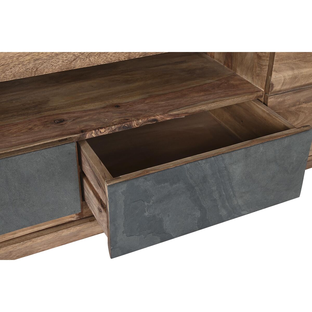 Meuble TV avec compartiment ouvert, panneau gris et cadre en bois massif naturel