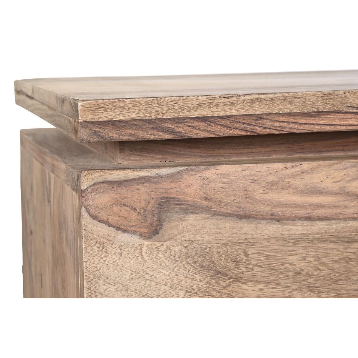 Meuble TV en bois massif naturel, vue de l’angle et du plateau supérieur