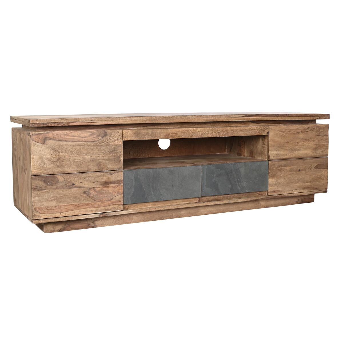 Meuble TV en bois massif gris et naturel, portes à panneaux gris et tiroir central