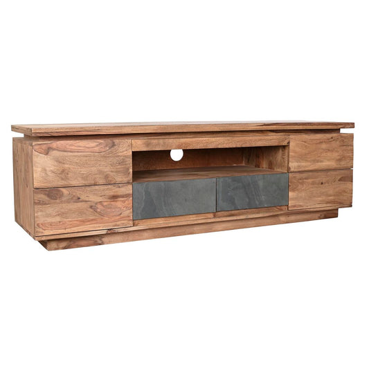 Meuble TV en bois massif gris et naturel, portes à panneaux gris et tiroir central