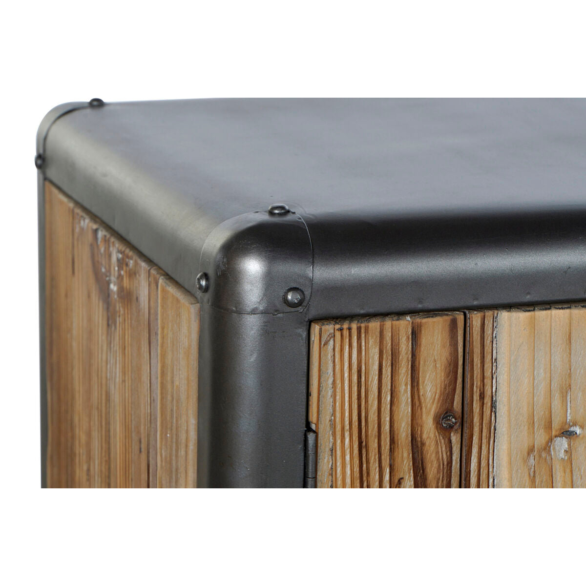 Buffet en bois avec dessus gris et renfort d’angle en métal