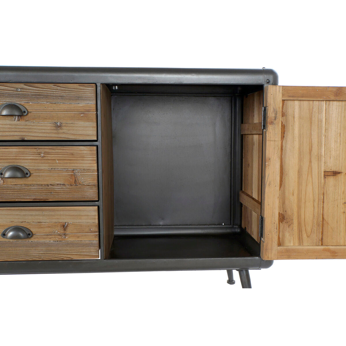 Buffet en bois : ouverture avec intérieur sombre et montants latéraux en bois