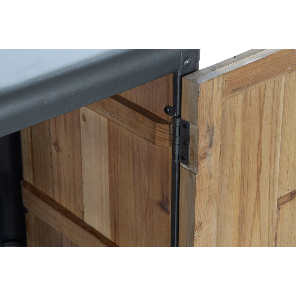 Buffet en bois : charnière de porte et cadre métal gris foncé