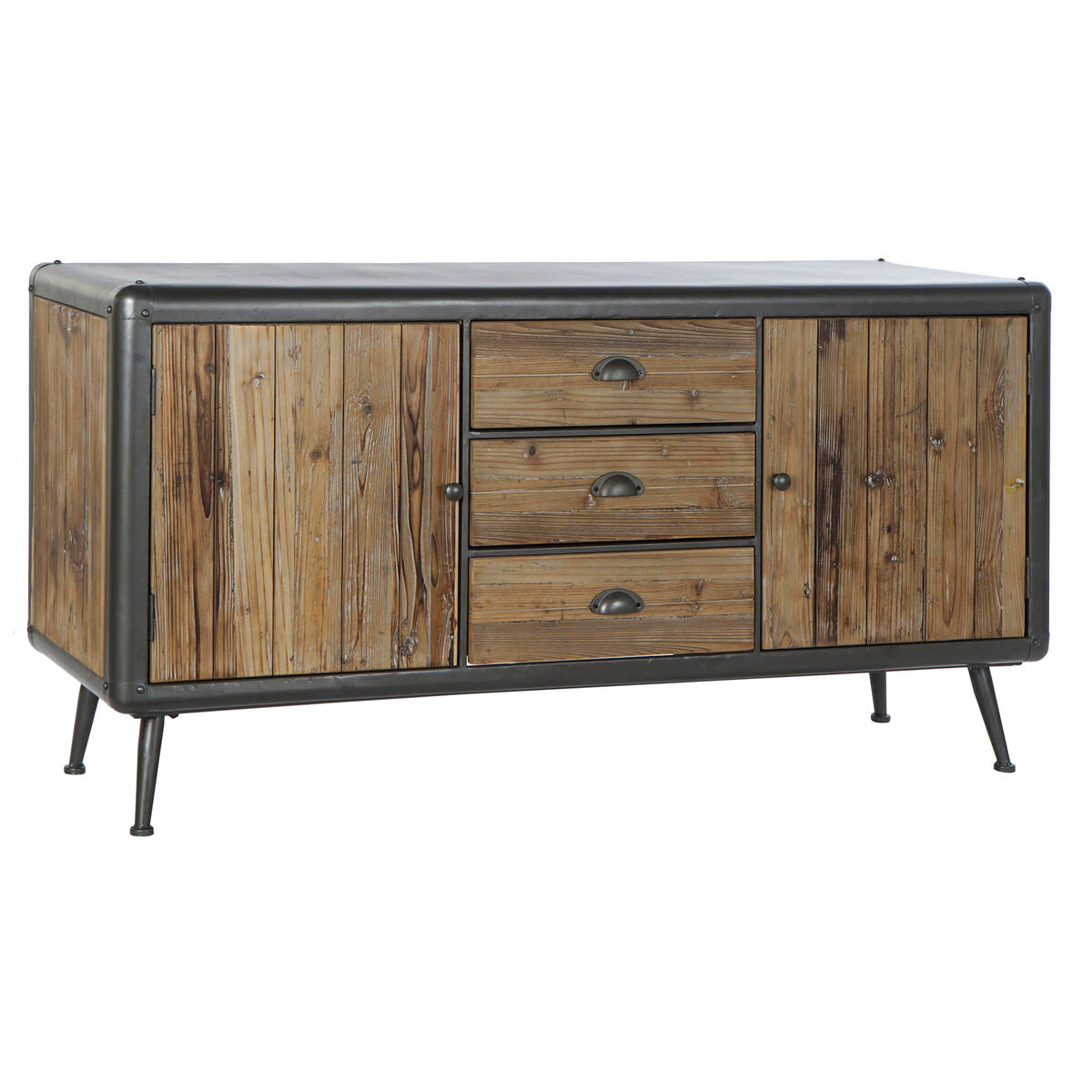 Buffet en bois avec 2 portes et 3 tiroirs, piètement métal gris clair