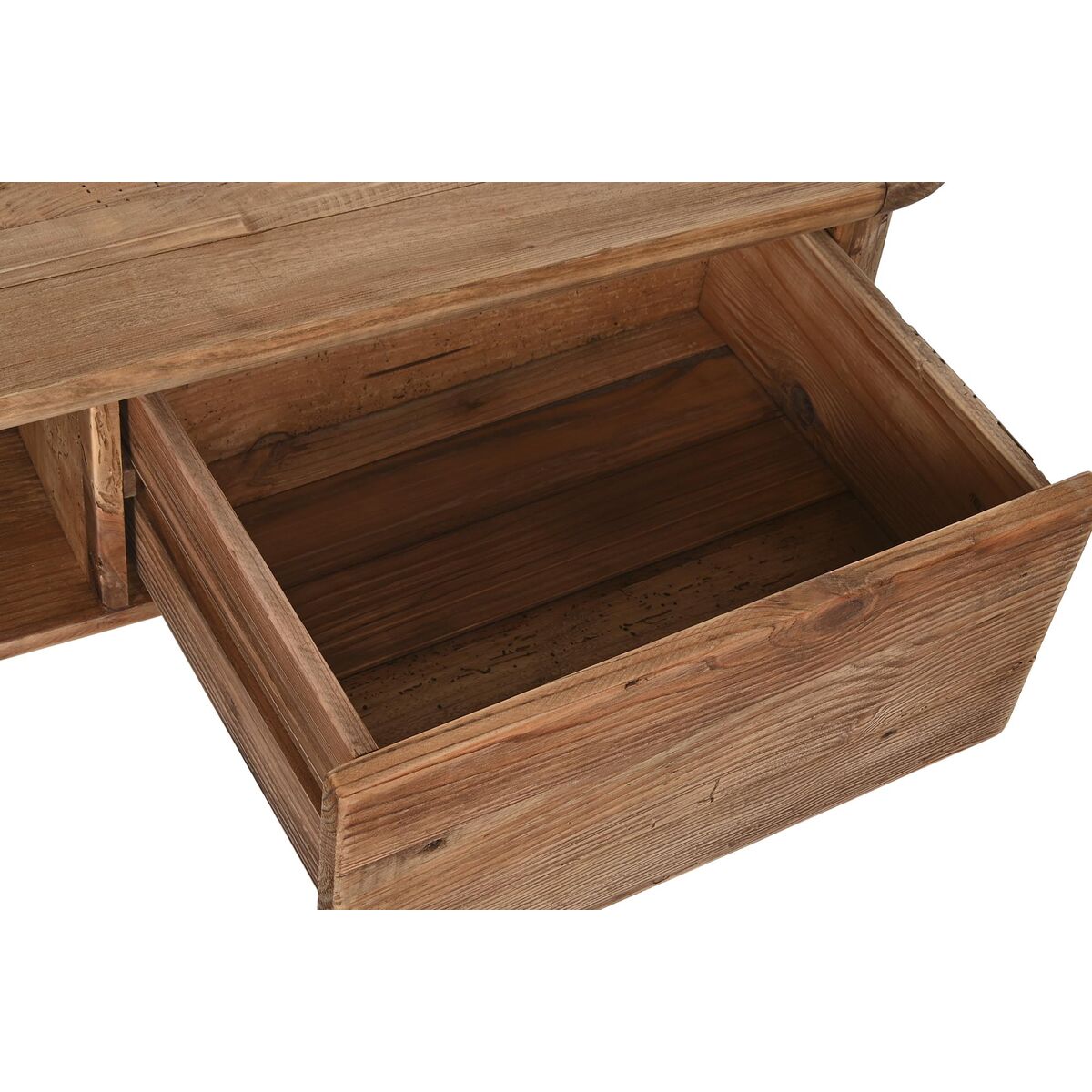 Meuble TV en bois recyclé, intérieur de niche ouvert.