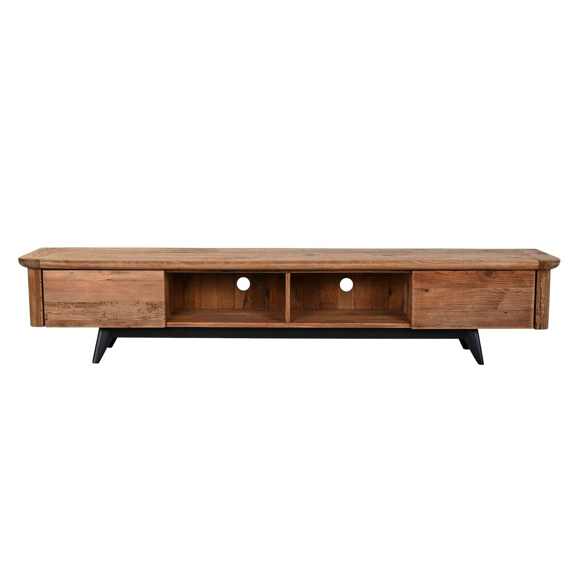 Meuble TV en bois recyclé avec compartiment central ouvert et 2 portes latérales.