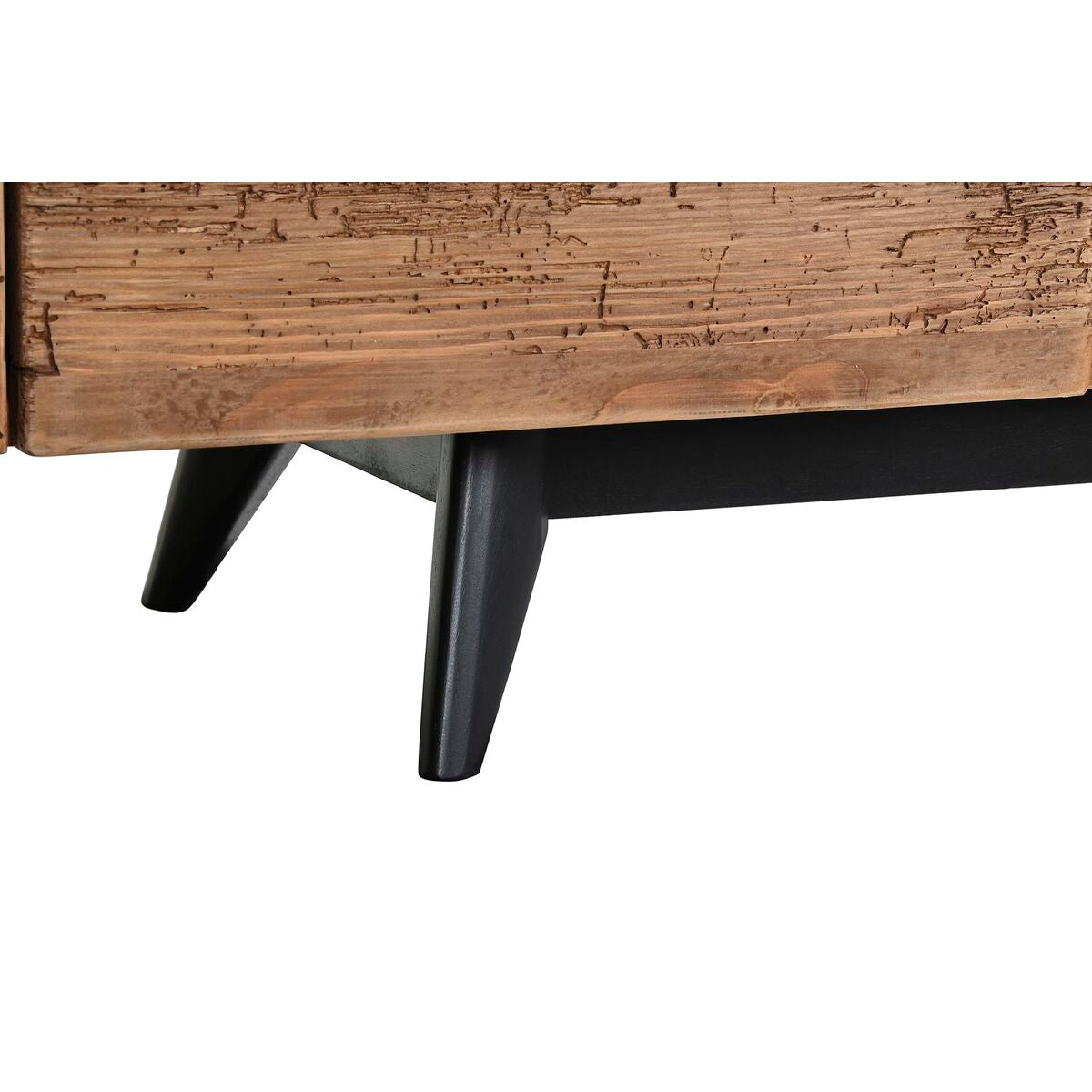 Meuble TV en bois recyclé avec pieds noirs inclinés.