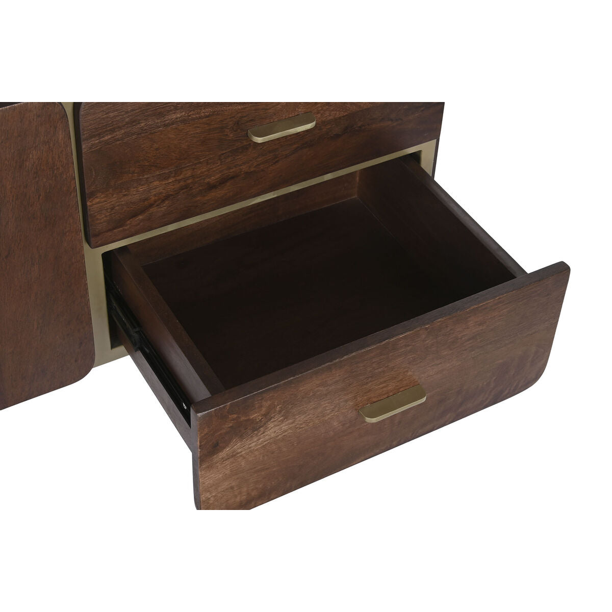 Tiroir du meuble TV en bois marron, intérieur sombre et glissières noires