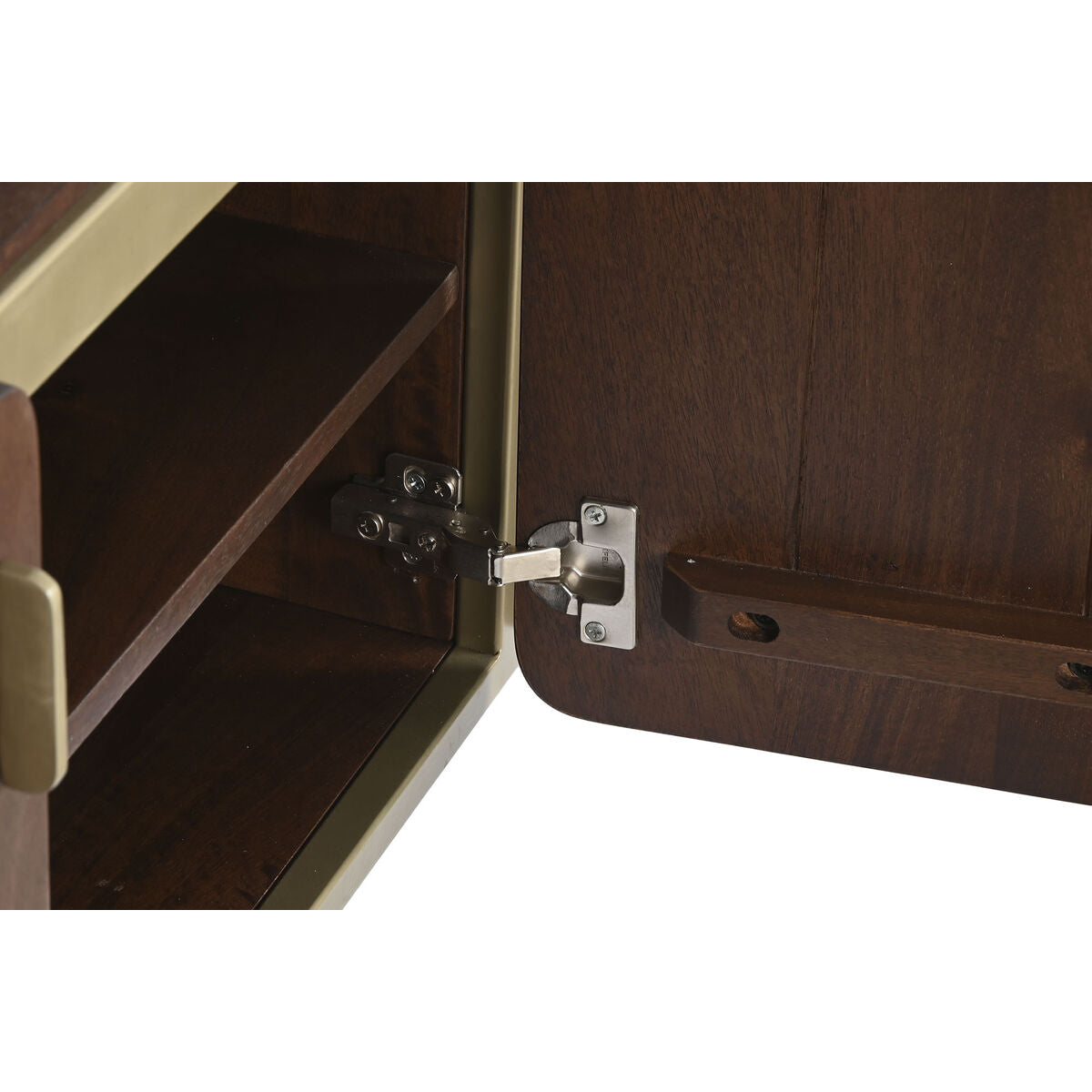 Charnière et support métalliques du meuble TV, bois marron