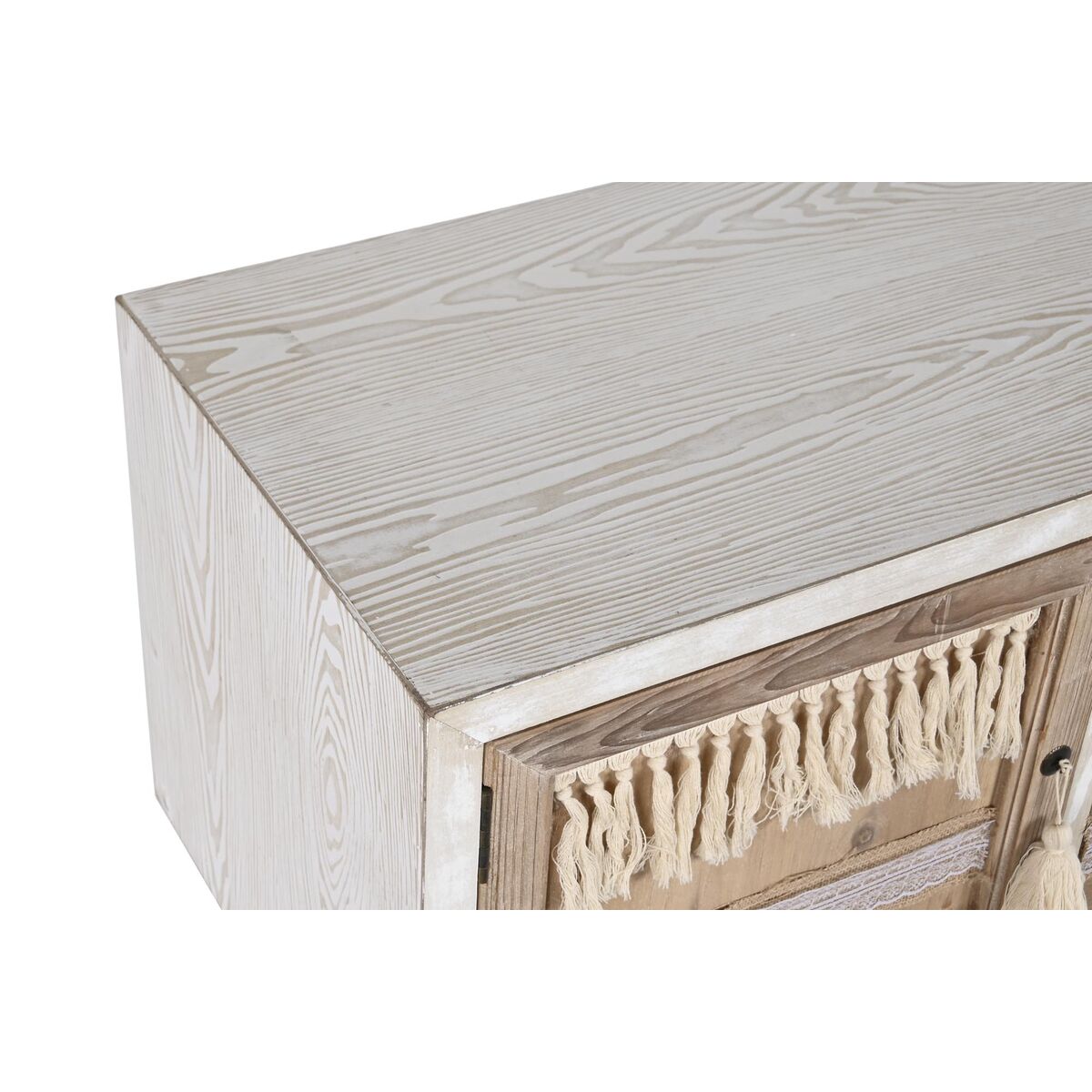 Meuble TV sapin blanc, façade de tiroir en bois naturel avec franges beiges