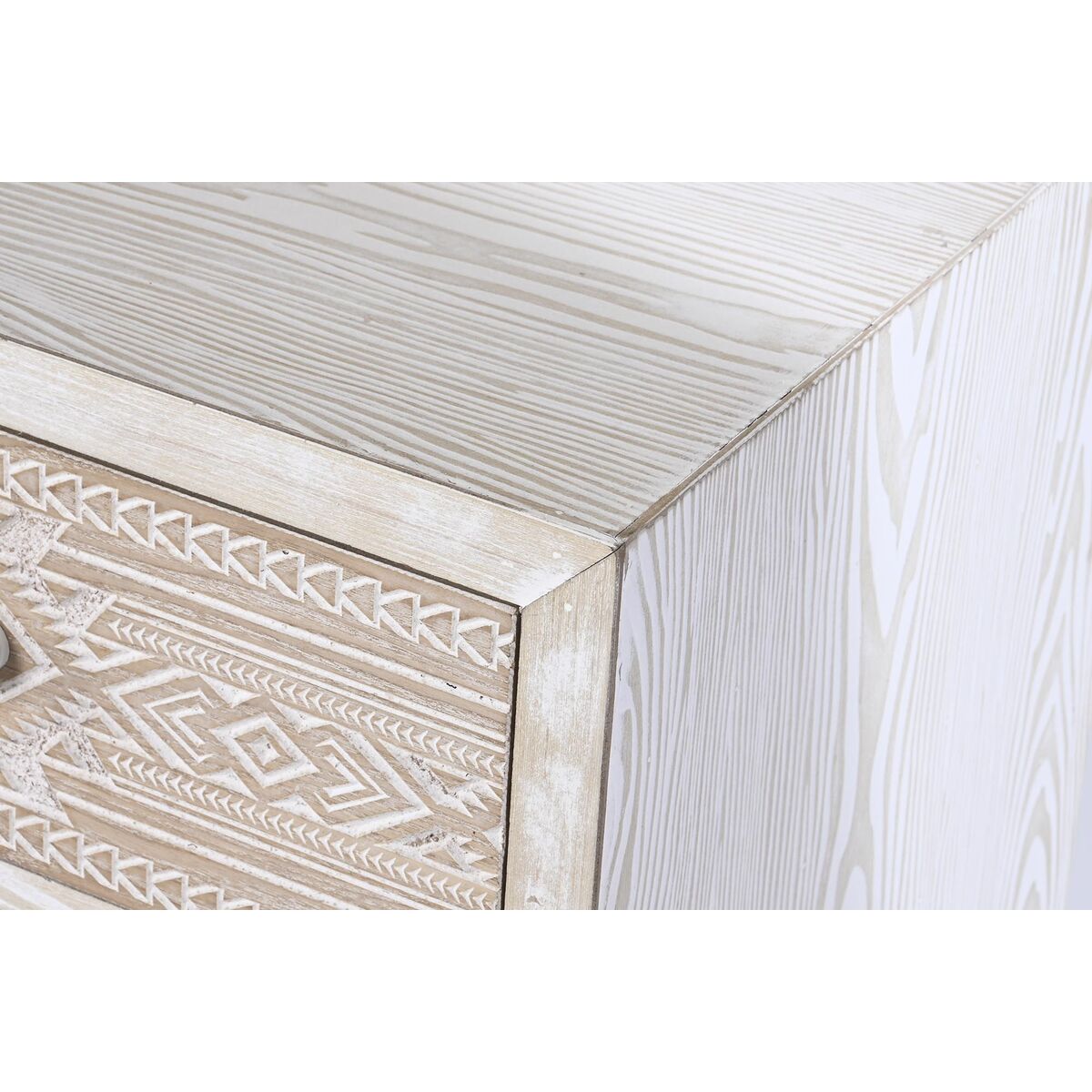 Meuble TV en sapin blanc, coin avec motif gravé et bordure en bois naturel