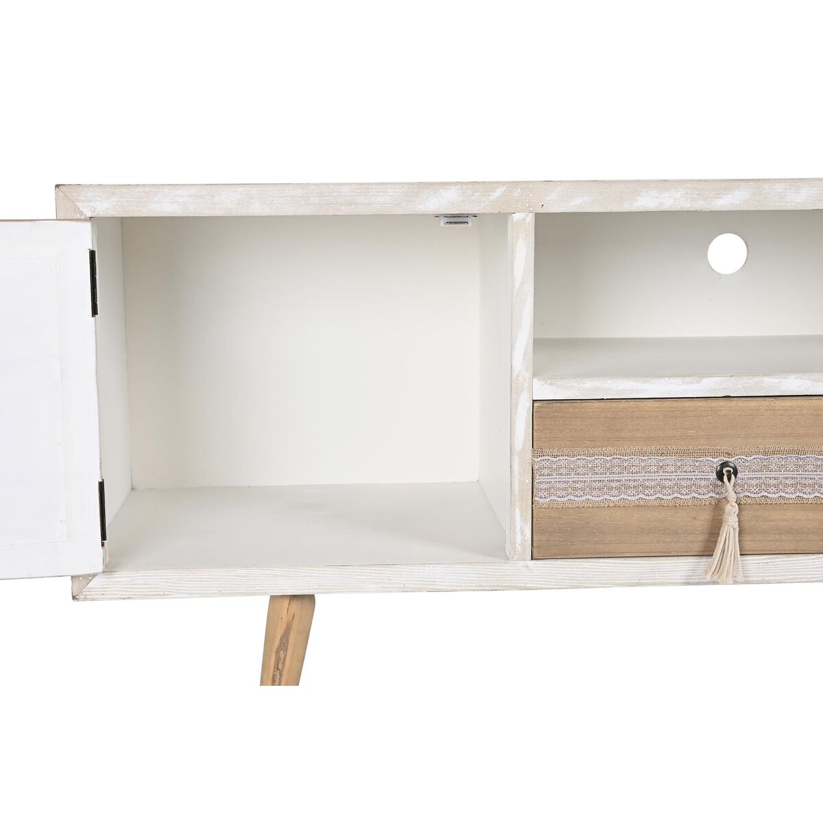 Meuble TV blanc en sapin, intérieur ouvert et tiroir bois naturel avec pompons