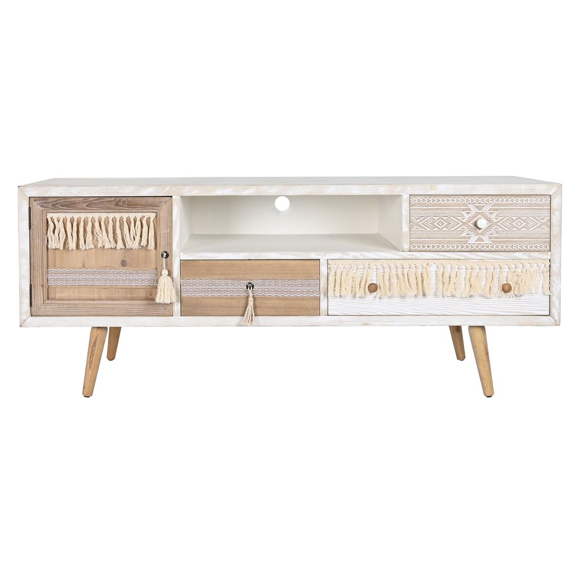 Meuble TV blanc en sapin, façade ouverte avec tiroirs en bois naturel et franges